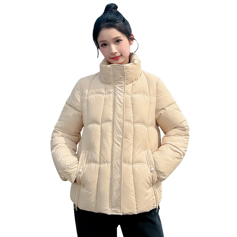 Parka Cappotti Donna Giacche corte Tasca con cerniera solida Colletto alla coreana Maniche lunghe Vestibilità ampia Spessa Office Lady Casual 2025 Inverno