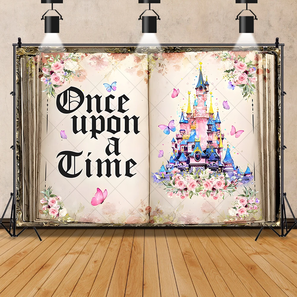 Fairy Tale Book Photography Backdrop Custom Ancient Castle Butterfly Flower Princess Girl Birthday Party Decoration Photo Props