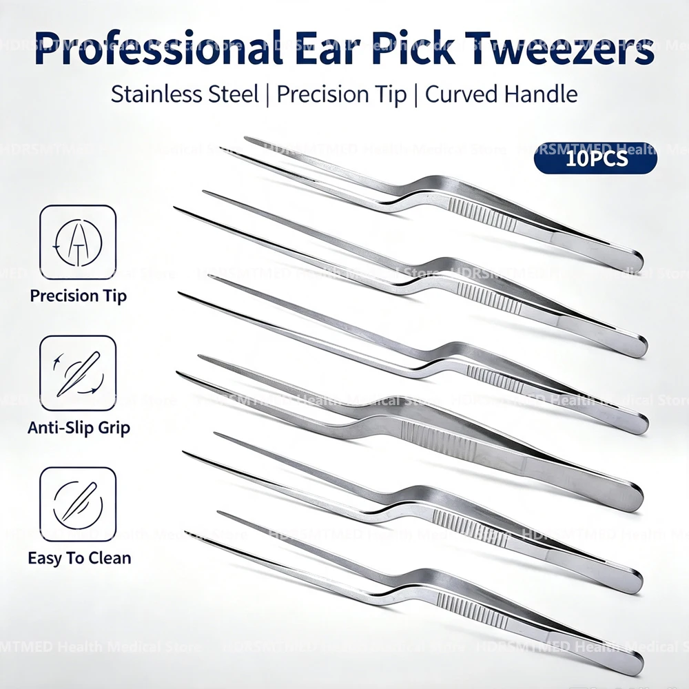 10Pcs Top Quality Stainless Steel Medical Tweezers Professional Ear Cleaner Care Ear-Pick Tool Bending Tweezers 14，16，20，23，26cm