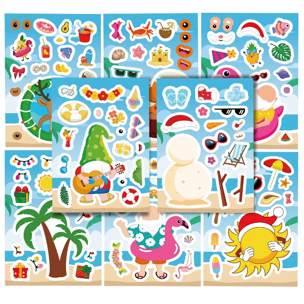

8/16Sheets Christmas Hawaii Vacation Puzzle Sticker DIY Phone Laptop Luggage Skateboard Graffiti Decals Fun for Kid Gift