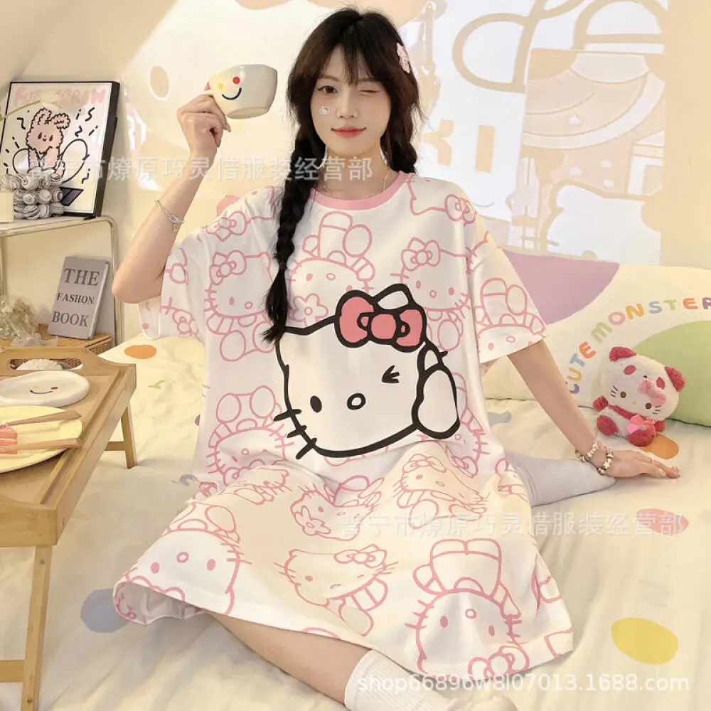 camisola-kawaii-hello-kitty-sanrio-anime-kuromi-cinnamoroll-pijama-casual-solto-vestido-de-manga-curta-fofo