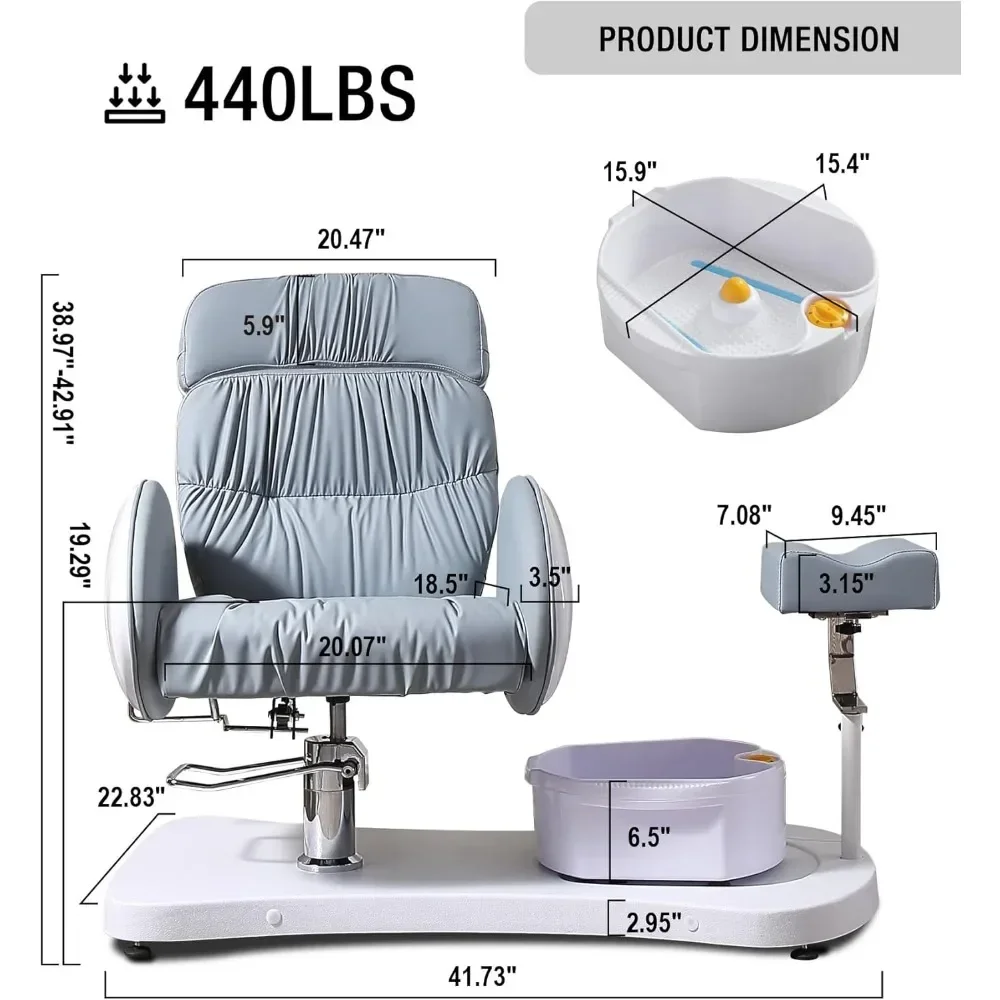 Pedicure Chair No Plumbing, 360 Swivel Reclining Pedicure Unit W/Bowl and Footrest, Hydraulically Adjustable Height Spa