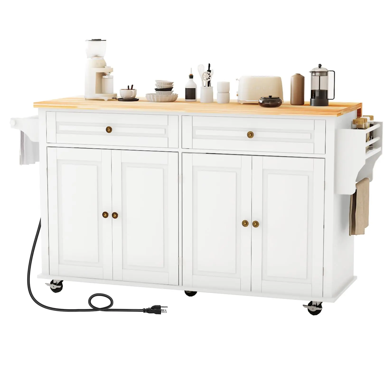 67’’ Movable Kitchen Island with Drop Leaf and Power Outlet, Lockable Sliding Countertop Rolling Island Cart with 2