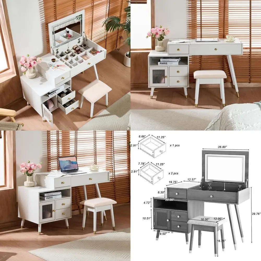 Туалетный столик с откидной крышкой и зеркалом с регулируемым шкафом, туалетным столиком для макияжа и табуретом, золотой ручкой, дизайном верхней части ножек