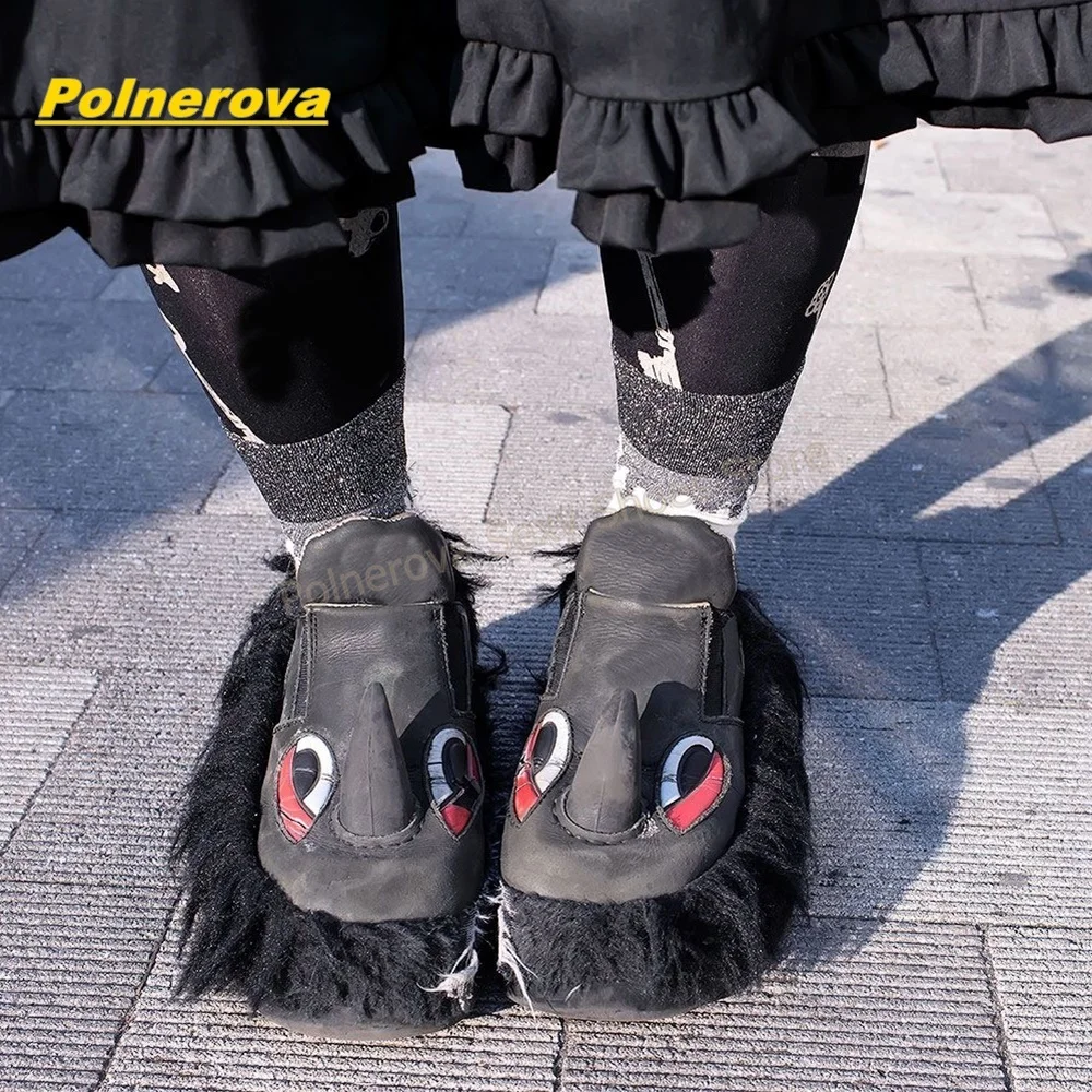 Women Black Monster Slip On Pumps Horn Eye Decor Long Faux Fur Fashion Shoes Street Style Casual Patchwork Mixed Color Shoe 2026