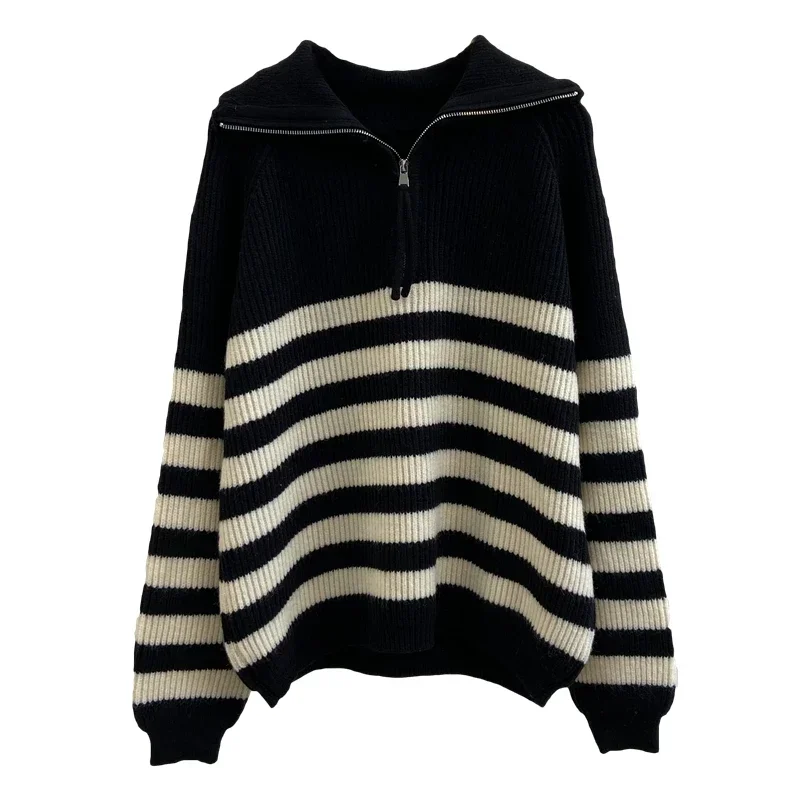 Swetry damskie TPJB Lazy Wind z długim rękawem, w paski, z krótkim zamkiem błyskawicznym, nowy jesienny styl, koreańska moda retro.