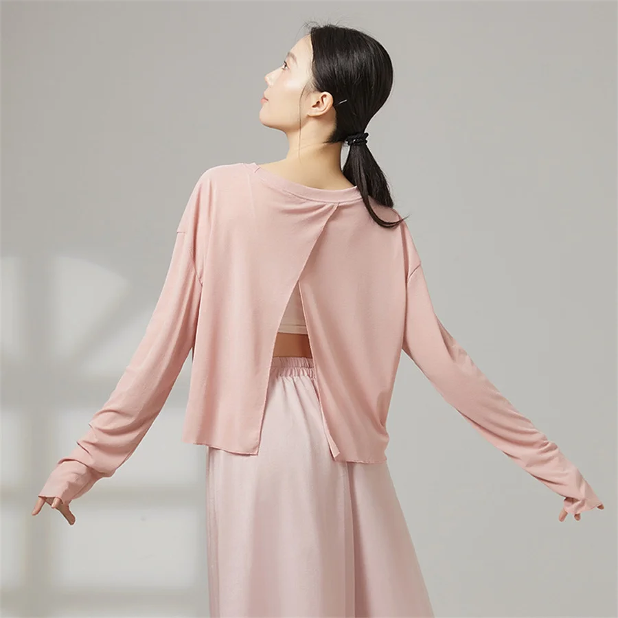 

Women Modern Dance Shirt Loose See Through Long Sleeve Back Split Ballet Practice Dance Clothes Female Yoga Shirts Costume