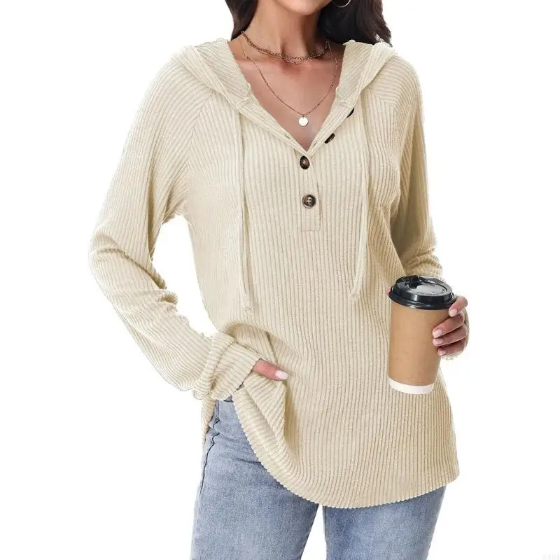 여성용 까마귀 V 넥 까마귀 버튼 다운 경량 니트 풀오버 긴 소매 스웨트 탑 6XDA