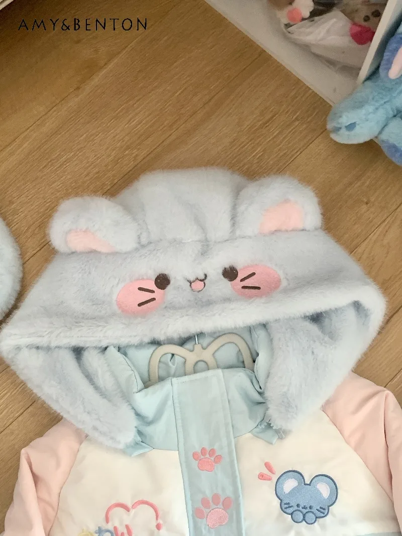 Oryginalna japońska kurtka puchowa z kapturem, haftowana, w stylu kawaii, zimowa, słodka dziewczęca, patchworkowa, codzienna, z białego puchu kaczego.