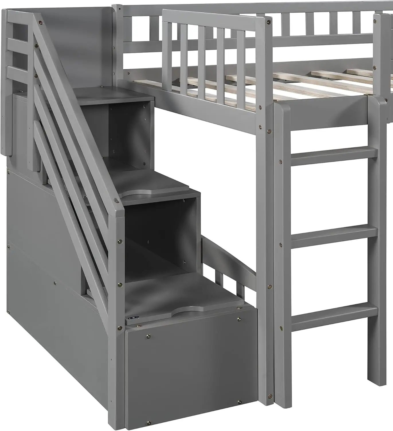 Lit Loft Lits Jumeaux avec Glissière, Lit Loft Bas en Bois avec Escaliers et Rangement pour Enfants, Bol, Garçons, Adolescents, Gris