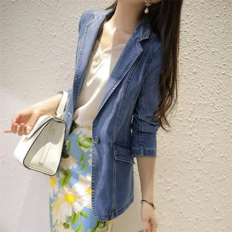 2024 New Spring Autumn Vintage Suit Women Jeans Jacket Female Cowboy Basic Coat  Casual Tops Loose Short Denim Blazer Outwear