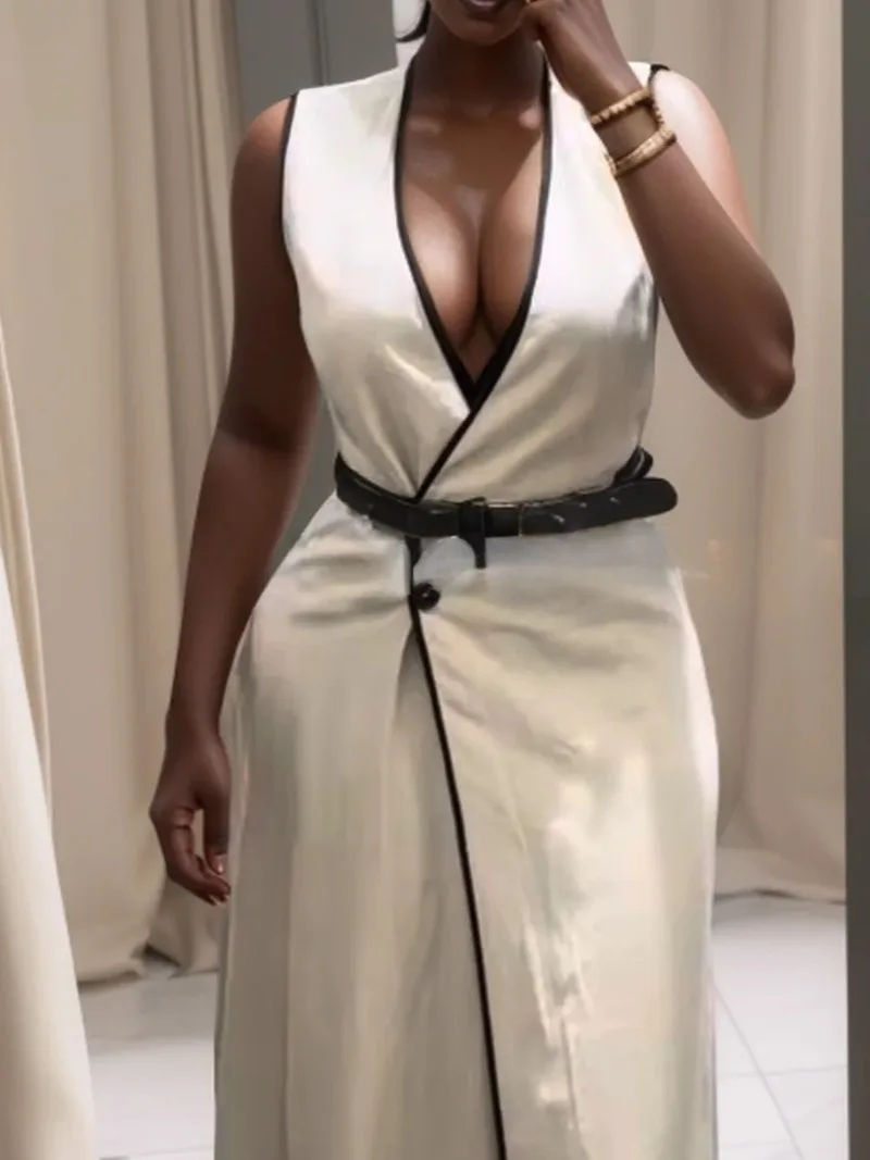 

Fashion Button Long Dress for Women 2025 Summer New Women's Casual V-neck Sleeveless Belt Dress women dress Elegant