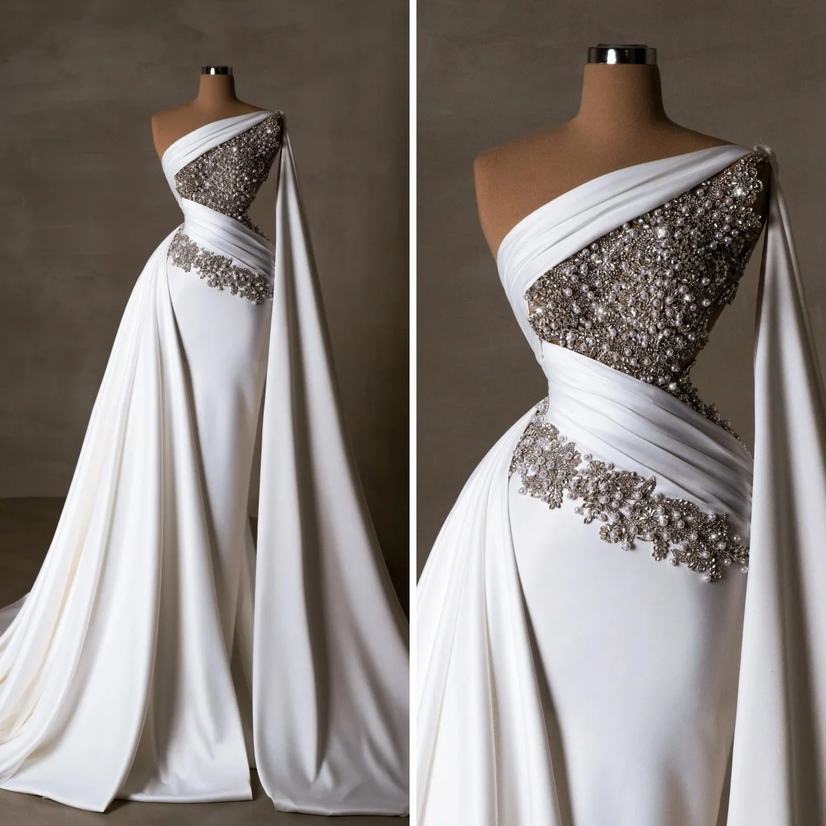 

Luxury Wedding Dress Crystal Pearls Elegant Satin One Shoulder Bridal Gown Dreamy Mermaid Dresses For Bride Customized