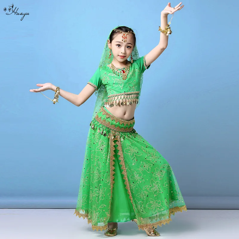 مجموعة أزياء بوليوود للأطفال، فستان رقص هندي، ملابس رقص البطن، بدلة شيفون لعروض الرقص البطن على المسرح، 8 قطع/مجموعة