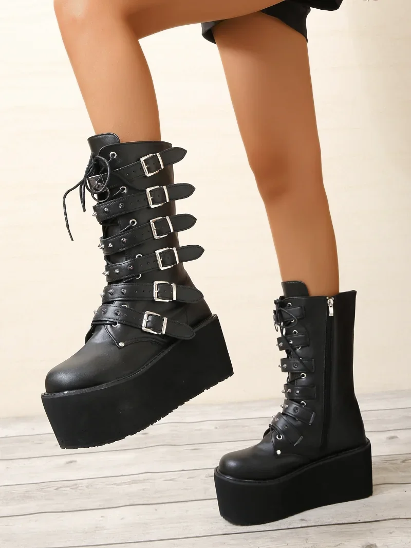 Plus Size43 Platform Boots Gothic Woman Lady Buckle Autumn Shoes Women Knee High Punk Street Cosplay Botas Motorcycle Footwear