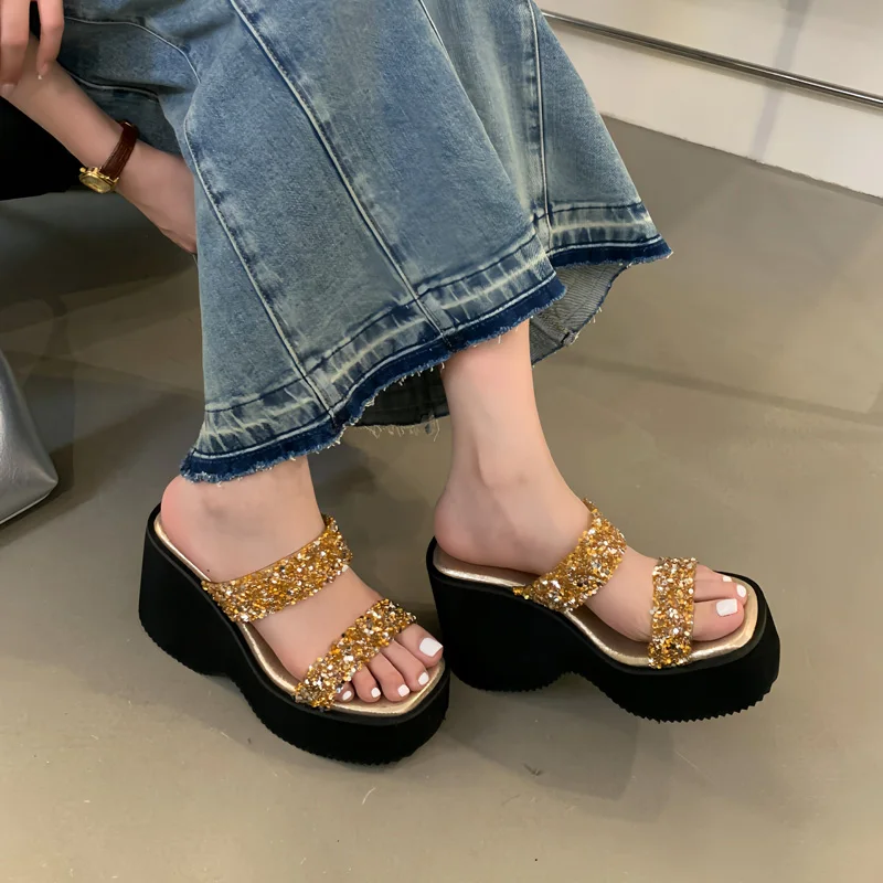 

Silver Slippers Women Sequin Chunky Wedges Shoes Gold High Heels Leisure Summer Platform Sandals Vrouw Slippers Sandalias Mujer