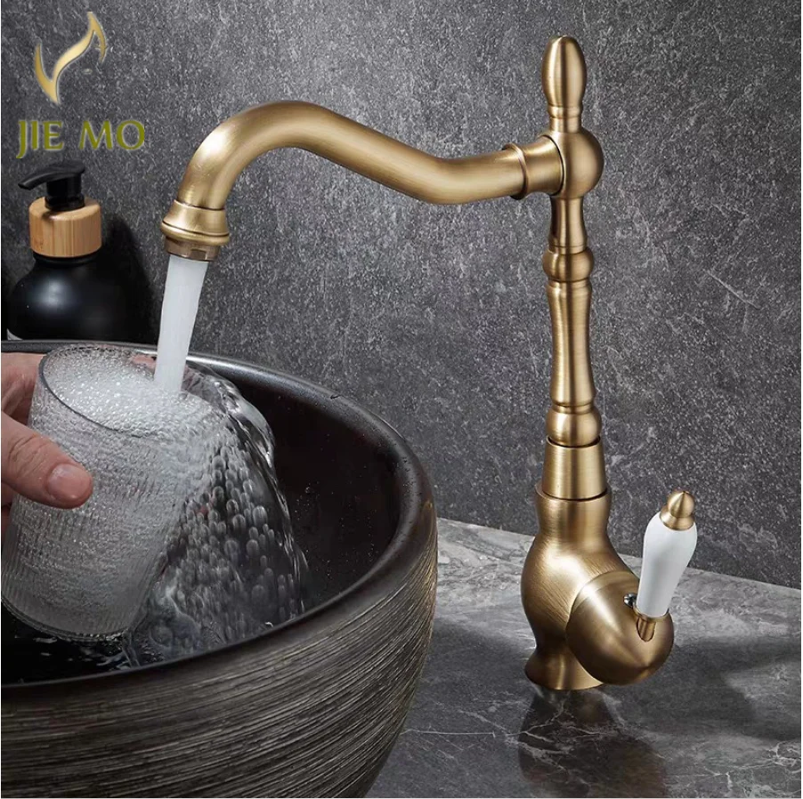 brass European-style basin faucet, imitation vintage hot and cold water faucet with single hole, rotating basin faucet