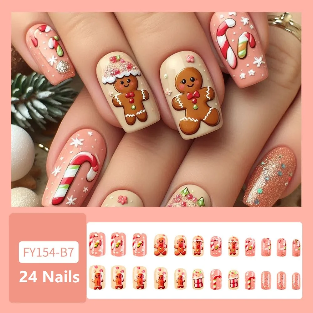 Christmas Press on Nails Short Square Fake Nail with Gingerbread Man Designs Cute Pink Yellow Christmas Nails Gel Acrylic Tips