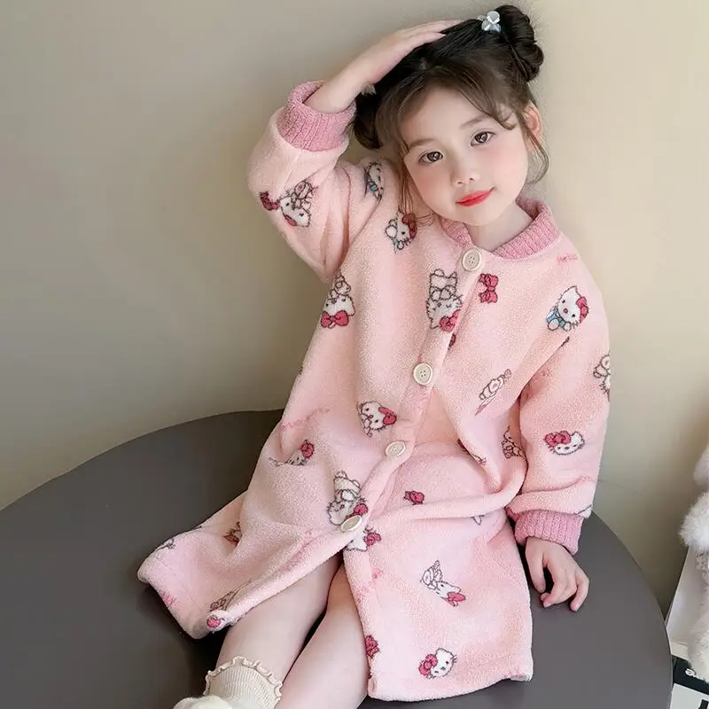 

Sanrio Hello Kitty Robe Girl Winter Flannel Long Style Pajamas Child Keep Warm Kawaii Anime Cartoon Fashion New Casual Homewear