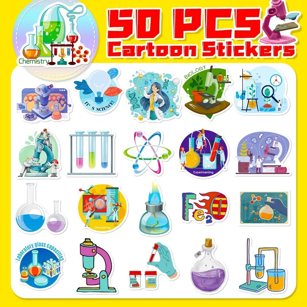 50PCS Cartoon Science Lab Sticker Aesthetic DIY Decoration Laptop Phone Skateboard Car Waterproof Sticker for Kids Gift