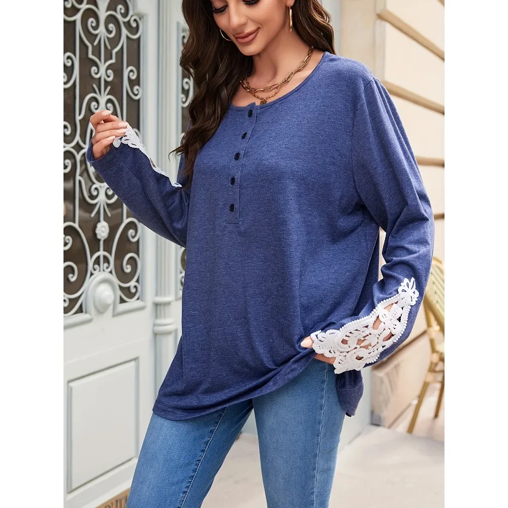 Plus Size 1XL-5XL Women's Round Neck Long Sleeved T-shirt Lace Patchwork Sleeves Button Up Cardigan Loose Top