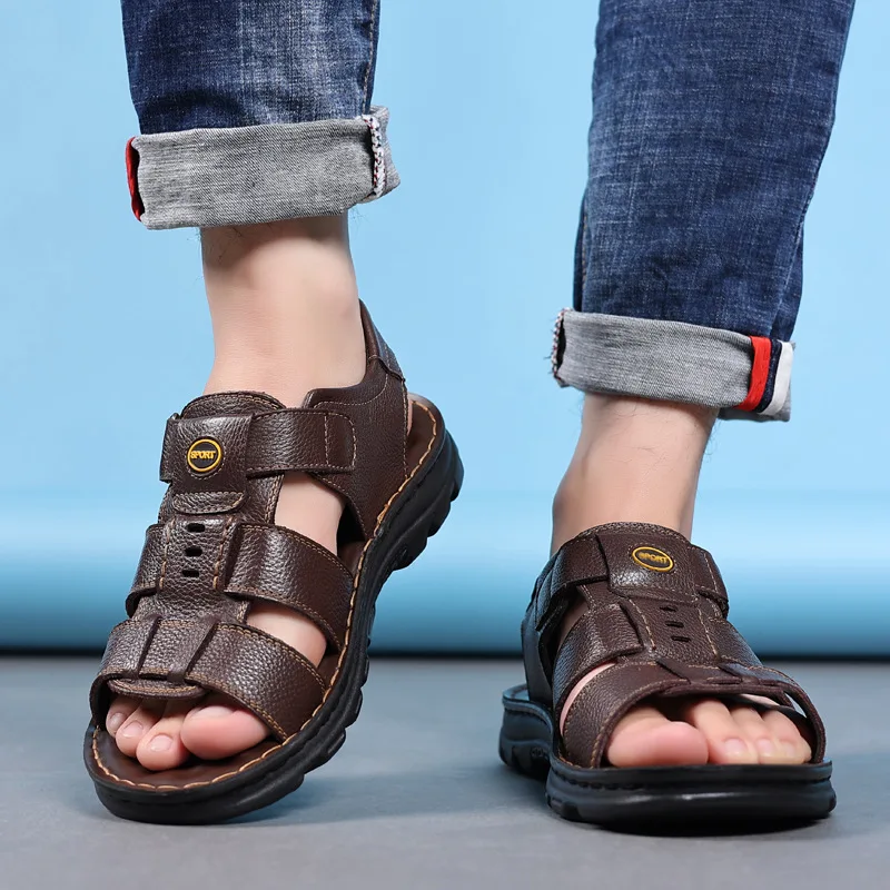 New Men's Sandals Genuine Leather Sandal Outdoor Casual Sandals Non Slip Beach Shoes for Men Driving Big Size