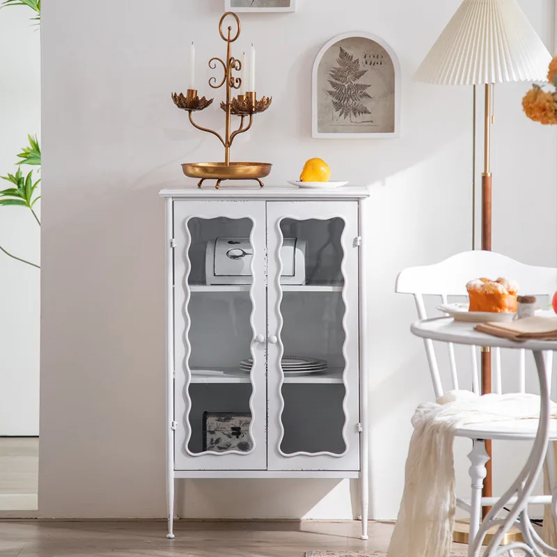 

Modern simple style white wrought iron dining side cabinet living room creative storage glass cabinet hotel homestay decorative