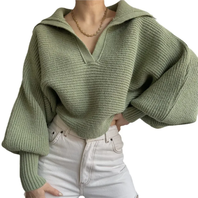 Women's Solid V-neck Loose Knit Sweater Fashion Female Casual Wear Autumn Winter Lapel Long Sleeves Knitted High Street Clothing