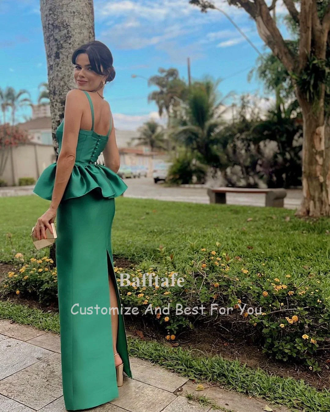 Bafftafe Green Satin Sheath Prom Dresses Women Formal Evening Gowns Spaghetti Strap Floor Length Wedding Party Dress Customized