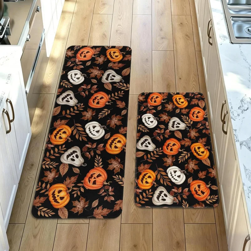 VIKAMA Halloween Skeleton Pumpkin Runner Mat Non Slip Anti Fatigue Rug Kitchen Bedroom Entrance Holiday Home Decor