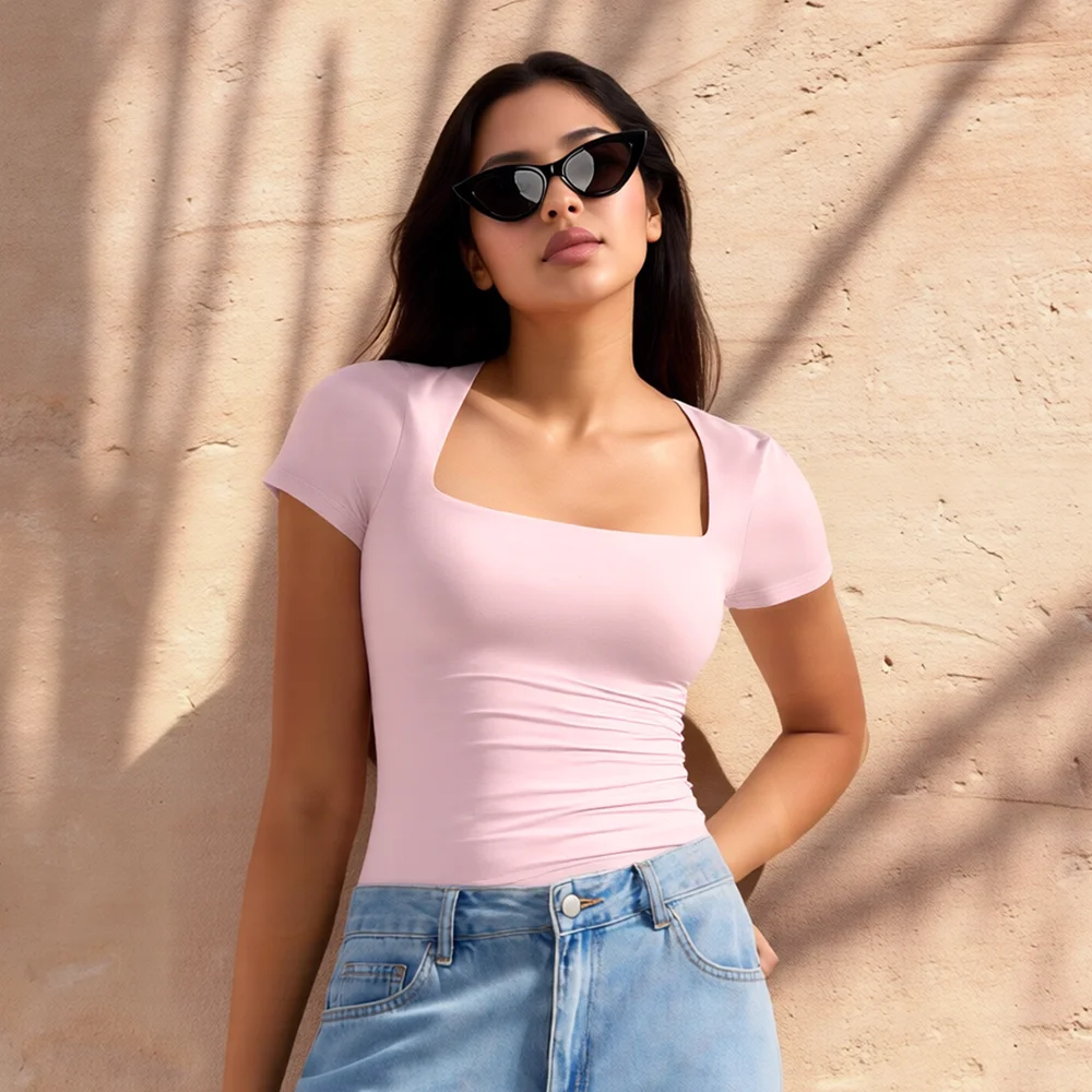Basic Solid Crop Top Short Sleeve Square Neck Summer T-shirt Skinny Casual Tee for Women Vintage Top Streetwear T Shirt Female