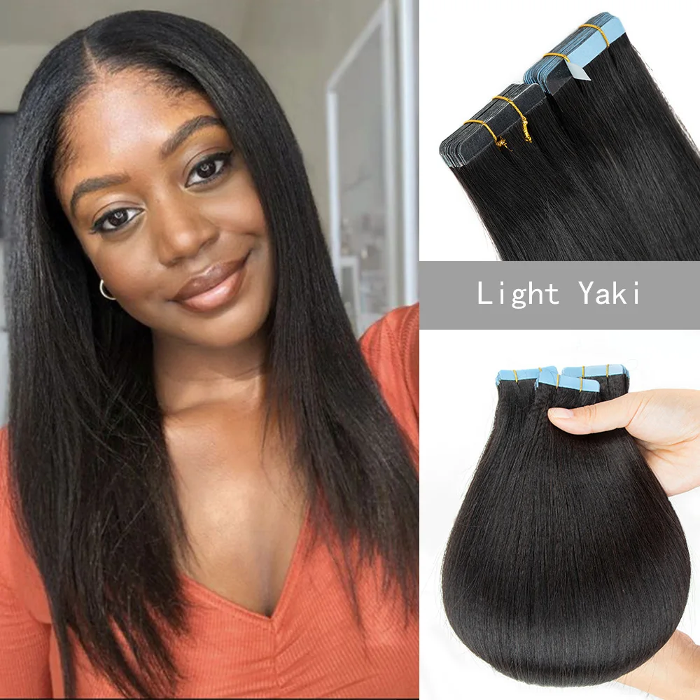 

Light Yaki Straight Tape In Human Hair Extensions Natural Hair Extensions 100% Remy Skin Weft Adhesive Glue For Salon 20pcs/pack