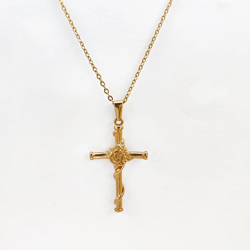 Gold Color Stainless Steel Jesus Cross Pendant Necklace for Women Men Rose Flower Cross Christian Necklace Jewelry