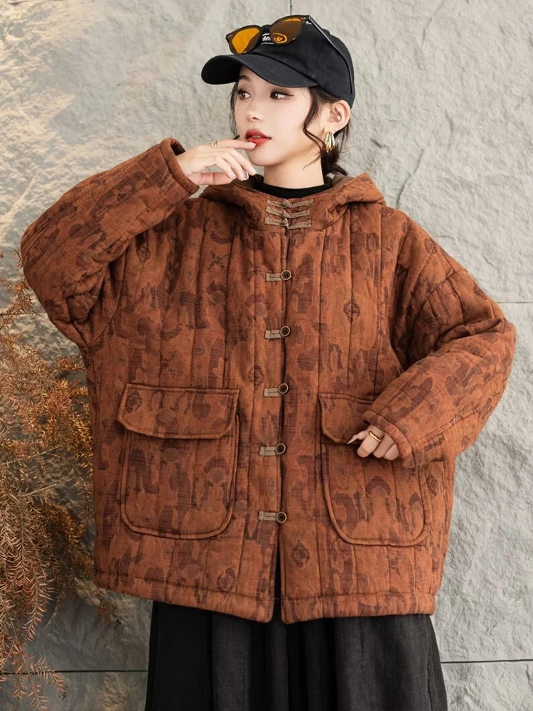 Masss Wasss Winter Chinese Womens Fashion Quilted Warm Hooded Jacket Ladies Casual Printed Loose Coats Vintage Big Size Parkas