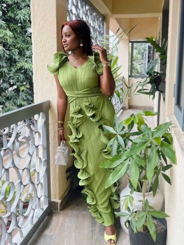 Feminino elegante chique emagrecimento vestido no verão cor sólida decote em v plissado vestido em camadas senhoras bonito aniversário plissado vestido de noite