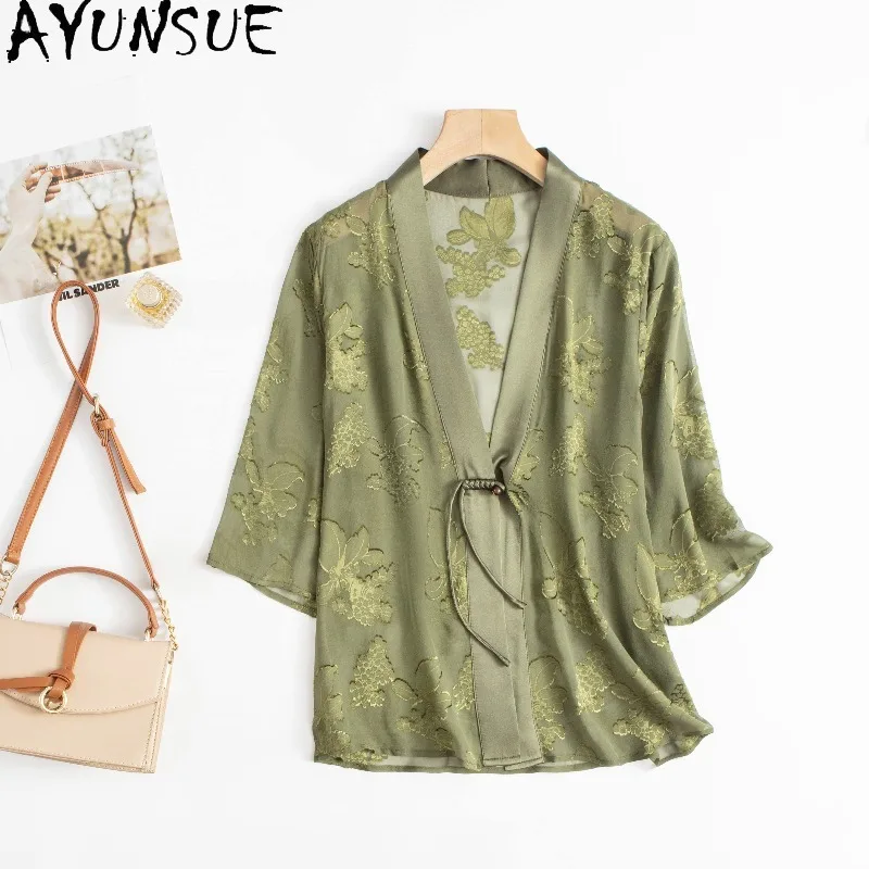 AYUNSUE 100% Silk Woman Tops Chinese Style Half Sleeve Green Top Stylish Sun Protection Jacket Woman Clothes Summer Футболка