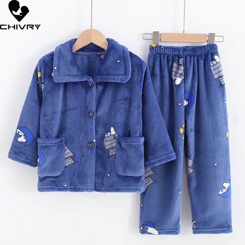 Boys Girls Autumn Winter Flannel Pajama Sets Kids Fashion Cartoon Long Sleeve Lapel Tops with Pants Baby Sleeping Clothing Sets