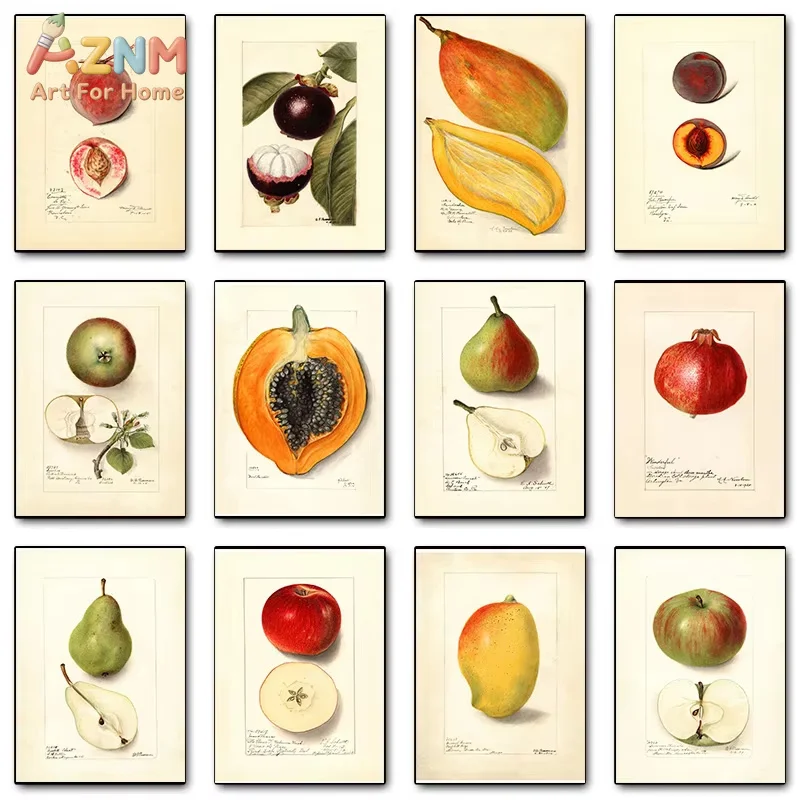 1PC Fruit Vintage Kitchen Apple Papaya Mango Pomegranate Banana Poster Print Wall Art Pictures Canvas Painting Home Decor