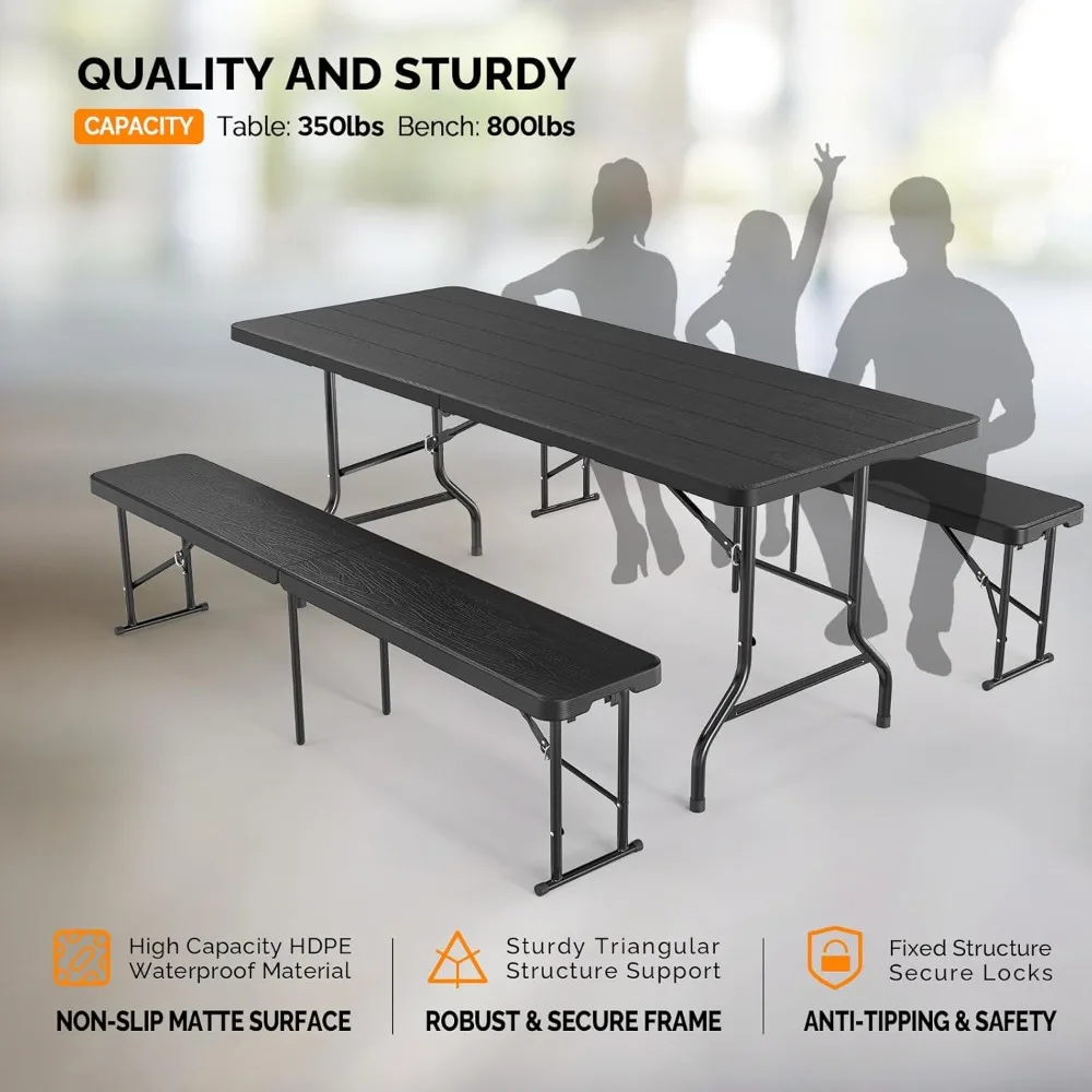 طقم طاولة نزهة قابلة للطي مع مقعدين، أثاث للتخييم في الهواء الطلق بطول 6 أقدام، طقم كراسي طاولة محمولة مكون من 3 قطع للاستخدام الداخلي والخارجي #2