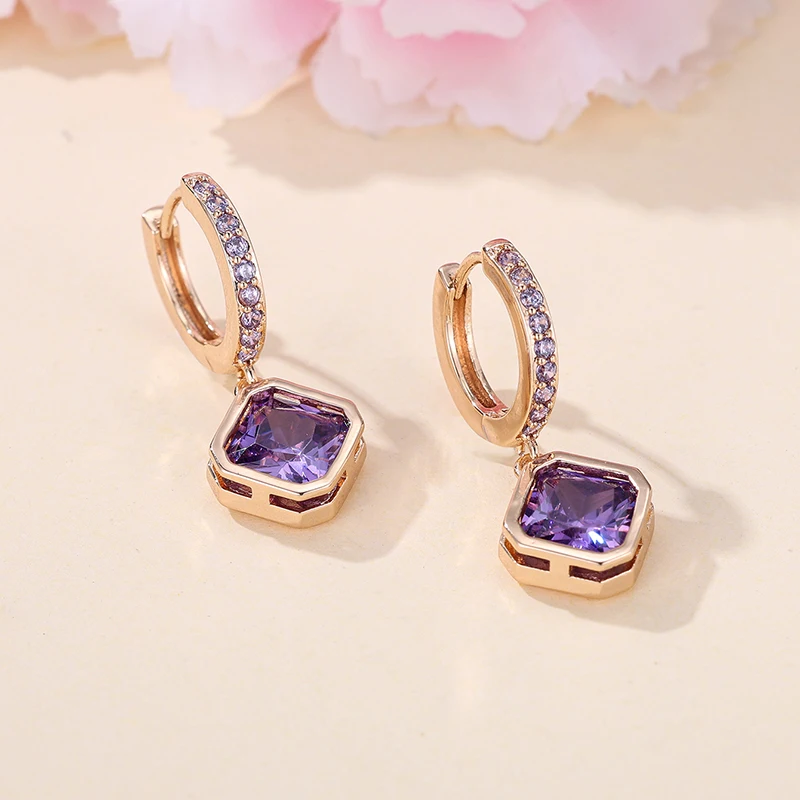 Fashion Drop Earring For Women Purple Cubic Zircon Female Earrings New Trendy Lady\'s Ear Accessories Wedding Party Jewelry Gift