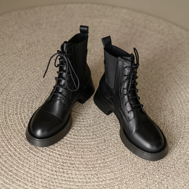 Size 34-39 Ankle Boots for Women Real Leather Thick Mid Heels Fall Winter Shoes Vintage Platform Short Booties Shoes for Women