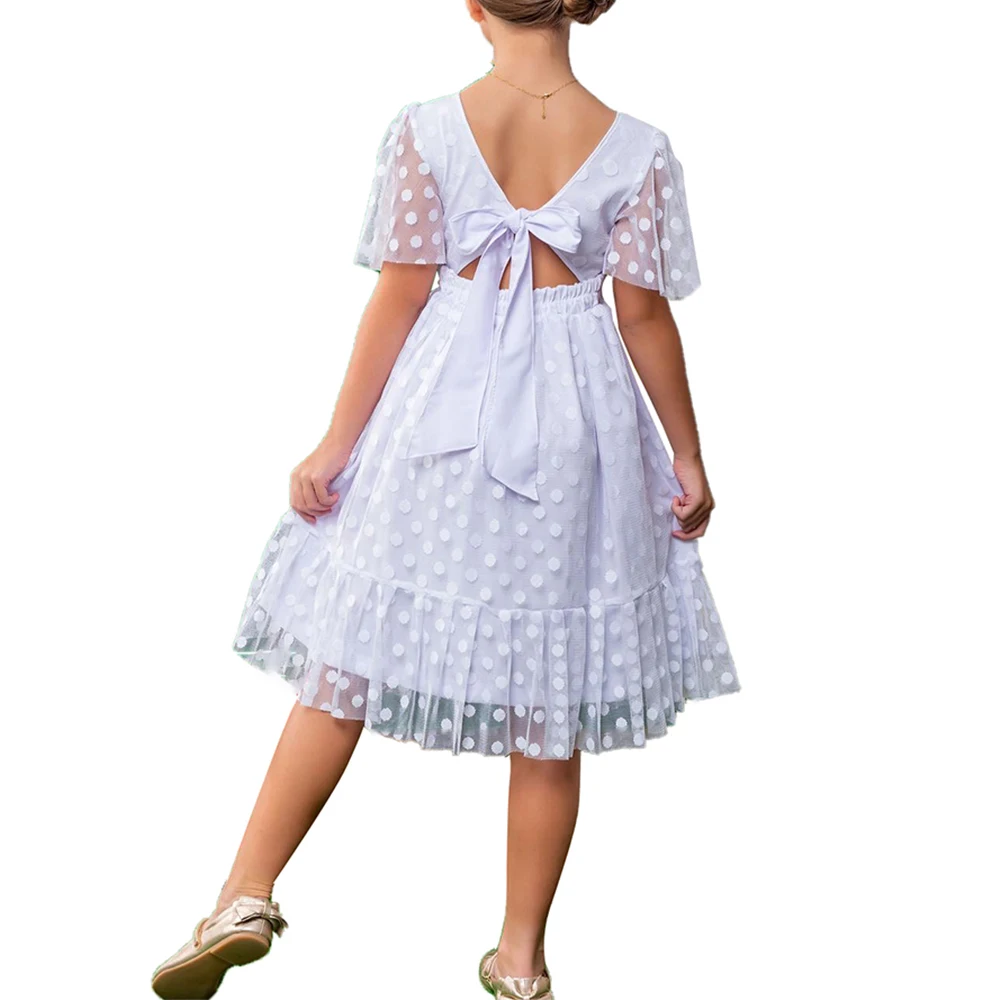 2024 Spring Girls' Mesh Casual Dress, 3-10 Year Old Girls' Fashionable and Cute Dress, Thin Gauze Big Bow Girl Dress