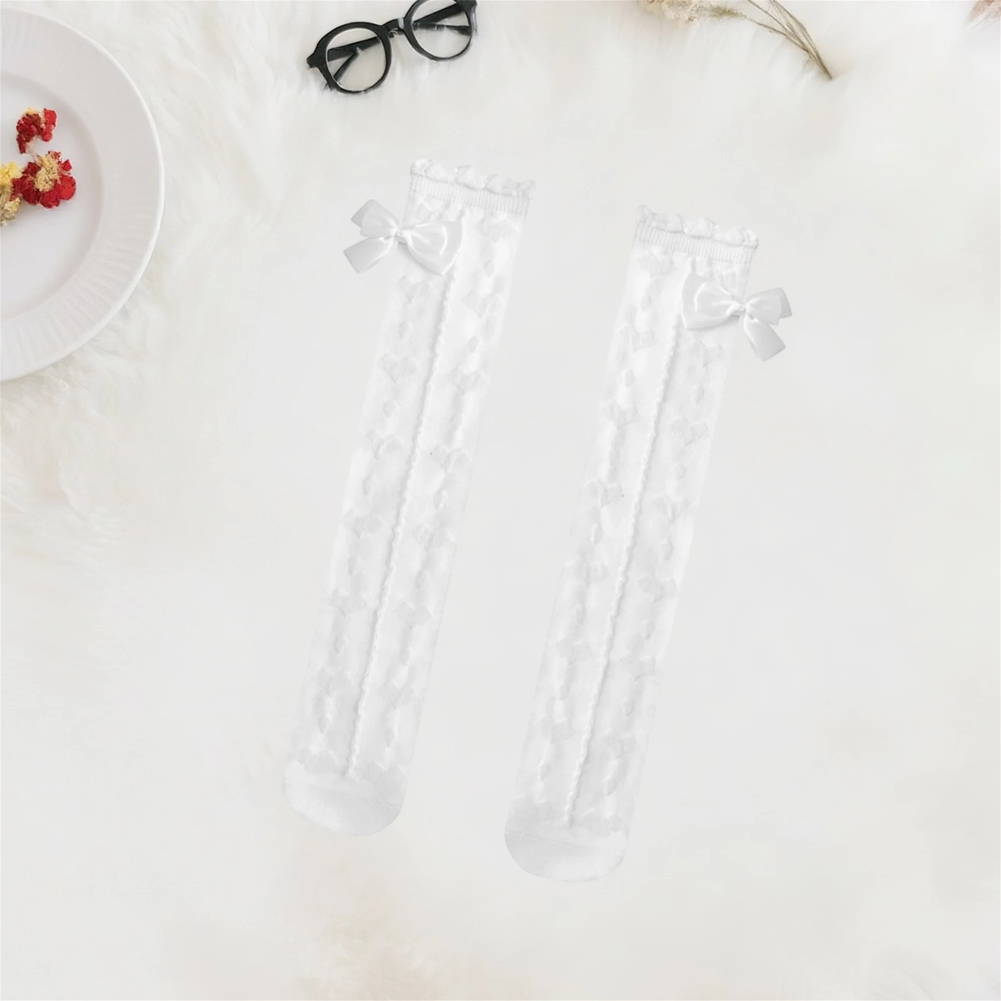 جوارب طويلة للفتيات فوق الركبة، جوارب طويلة أنيقة بلون سادة مكشكشة مزخرفة للأطفال #3