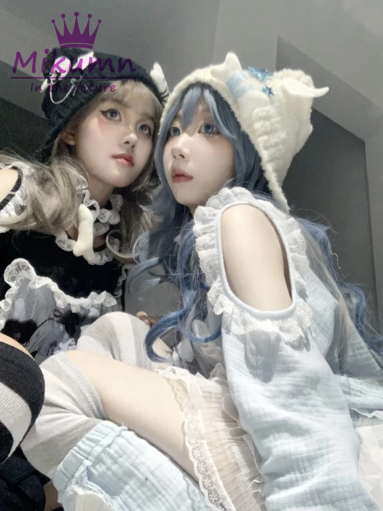 여성용 하라주쿠 Y2k 스타 봉제 뼈 니트 모자, 고딕 펑크 천사 날개, 블랙 비니 모자, 가을 겨울 따뜻한 귀 보호대 모자