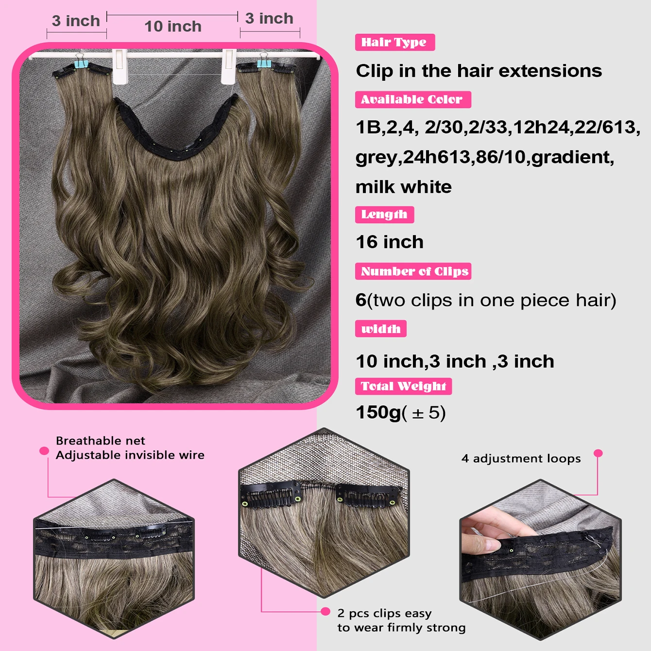 Silike-Cabelo Sintético Longo Linha de Peixe para Mulheres, Resistente ao Calor, Fio Invisível, 3 Hairpieces, 6 Clips, Ondulado, 16"