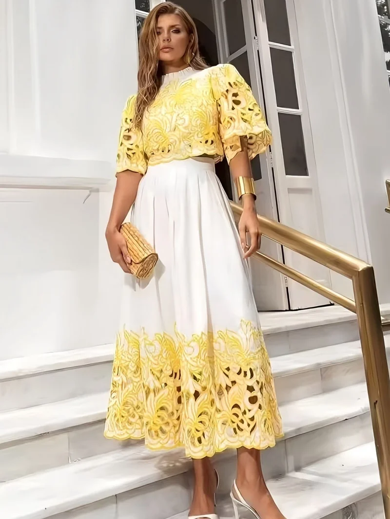 

Elegant Hook Flower Hollow 2 Piece Sets Women Outfit Summer Clothing Women 2026 Short Sleeve Crop Top Long Skirt Suit Dress Sets