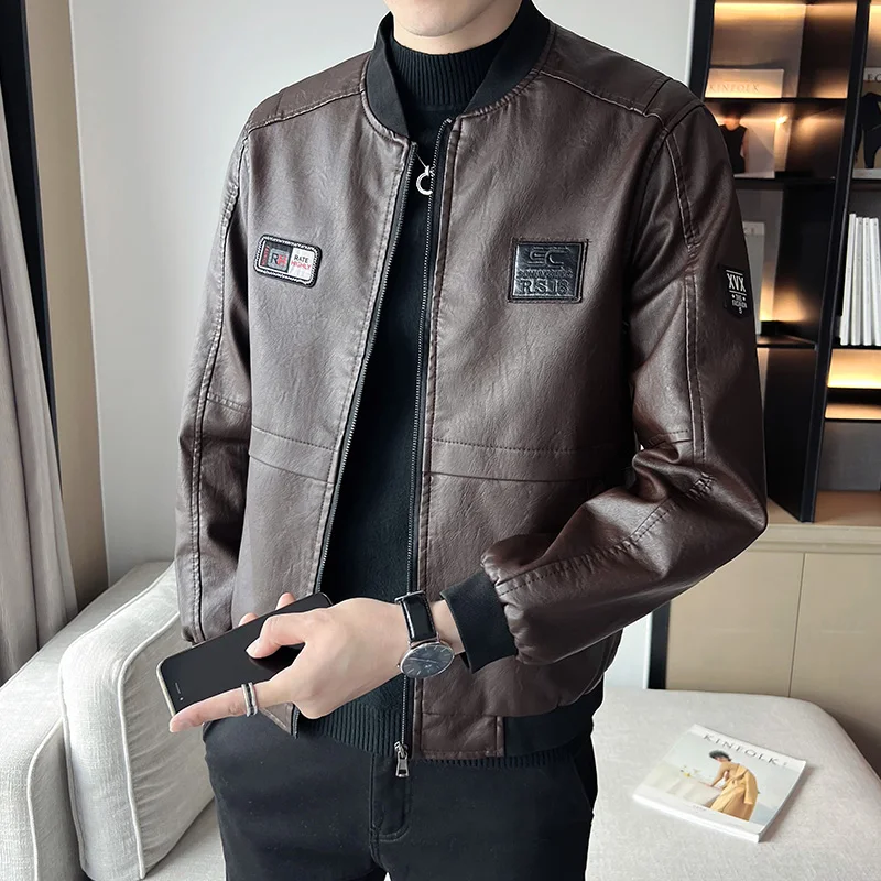 

Men's Faion PU Leather Jaet Autumn Winter New Sle Windproof Motorcycle Workwear Coat Haome Long Sve Baseball Collar