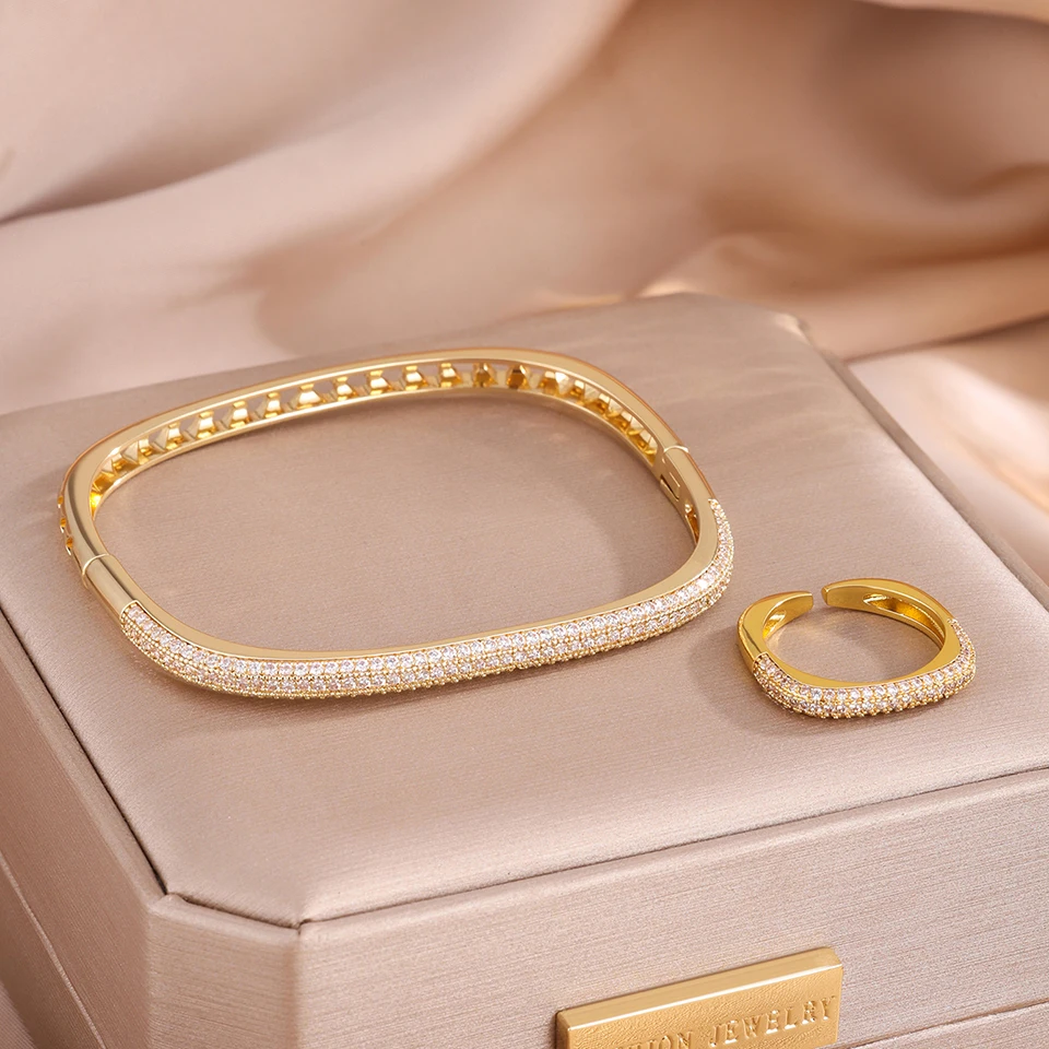 ZAKOL Luxury Brilliant Micro Paved Zirconia Quadrilateral Bracelet Ring Set Fashion All-match Bangles Women's Party Jewelry
