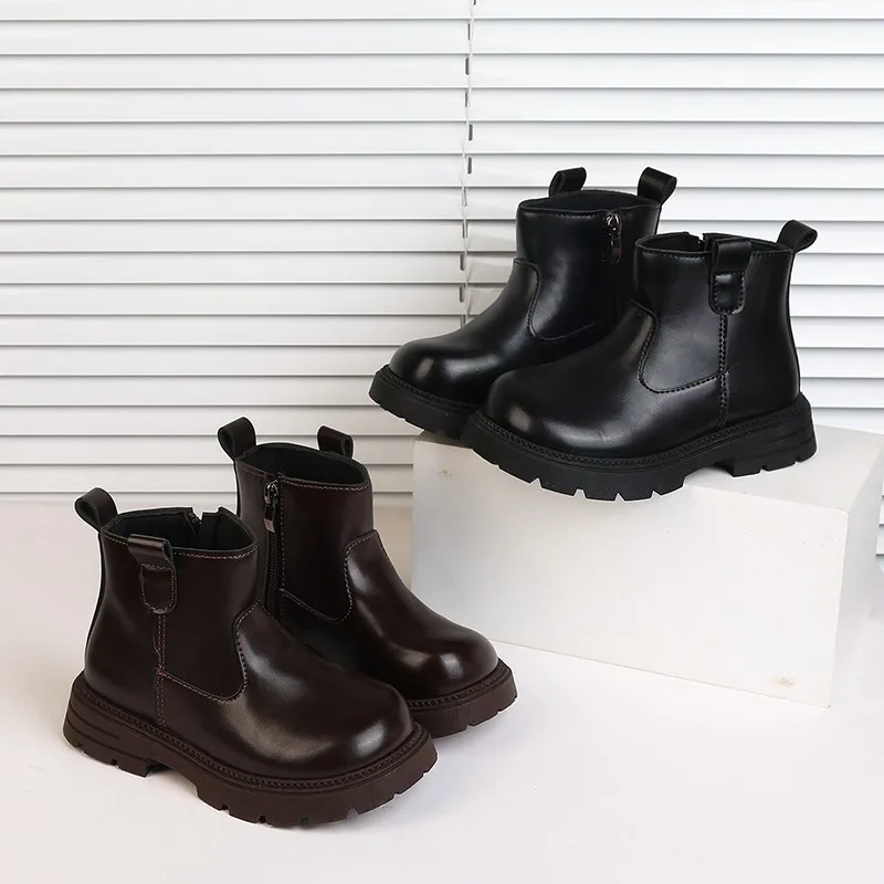 Kids Unisex Smooth Leather Chelsea Boots, Soft Plush Lining, Inner Side Zipper, Thick Lug Non-slip Sole Casual Ankle Boots