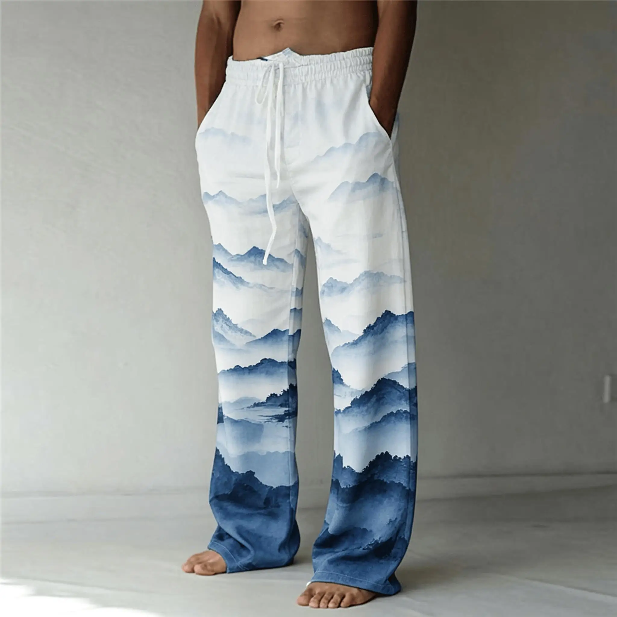 Men's Ink Wash Mountain Landscape Print Drawstring Wide Leg Pants, Vintage Oriental Straight Pants for Spring & Summer